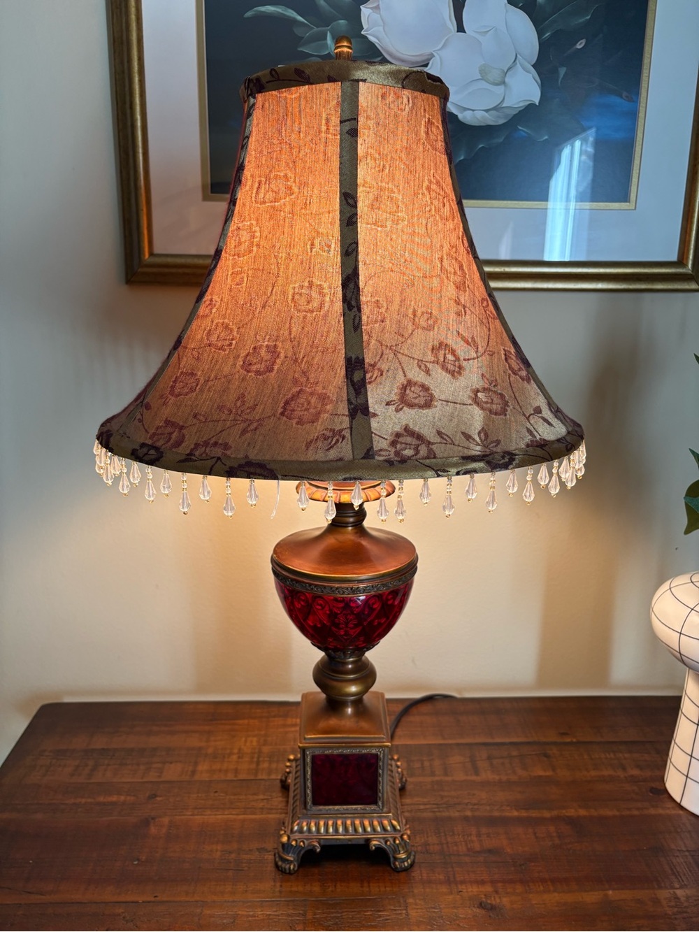 Decorative Red and Gold Table Lamp with Beaded Shade - Picture 12 of 15